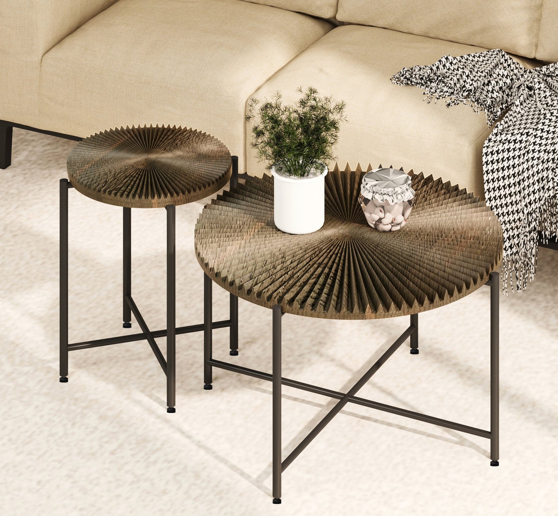 Radial Pattern 2-Piece Coffee and End Table Set – Waterproof MDF with PVC Cover, Distressed Cylindrical Design, Black Metal Legs – Classic Rustic Charm, Dark Walnut