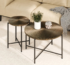 Radial Pattern 2-Piece Coffee and End Table Set – Waterproof MDF with PVC Cover, Distressed Cylindrical Design, Black Metal Legs – Classic Rustic Charm, Dark Walnut