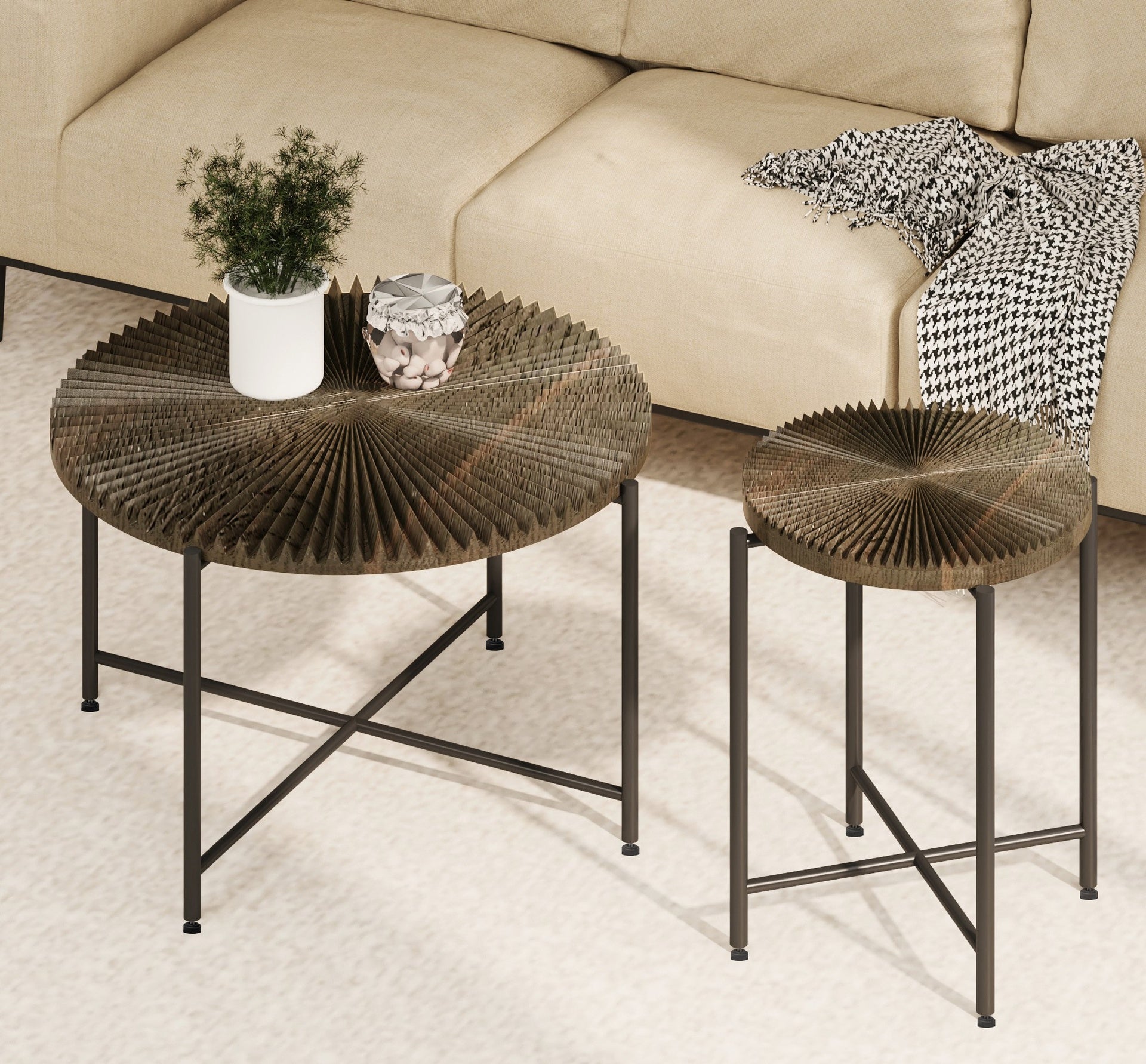 Radial Pattern 2-Piece Coffee and End Table Set – Waterproof MDF with PVC Cover, Distressed Cylindrical Design, Black Metal Legs – Classic Rustic Charm, Dark Walnut