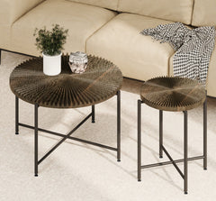 Radial Pattern 2-Piece Coffee and End Table Set – Waterproof MDF with PVC Cover, Distressed Cylindrical Design, Black Metal Legs – Classic Rustic Charm, Dark Walnut