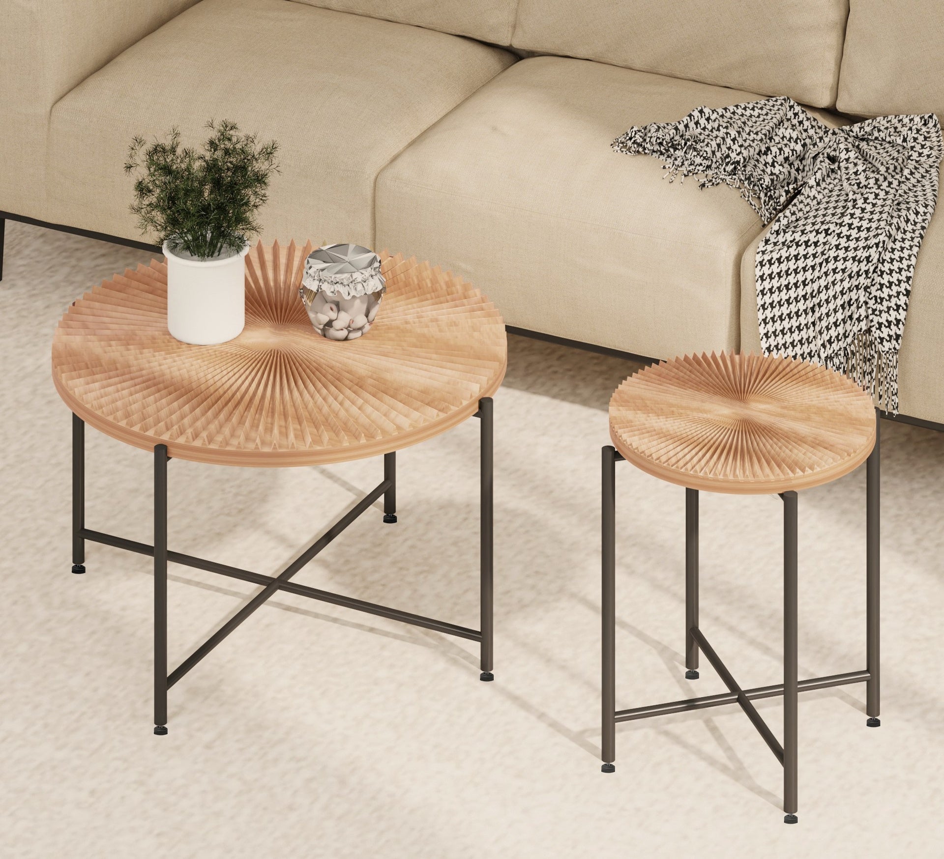Radial Pattern 2-Piece Coffee and End Table Set – Waterproof MDF with PVC Cover, Distressed Cylindrical Design, Black Metal Legs – Classic Rustic Charm, Red Cedar-Brown