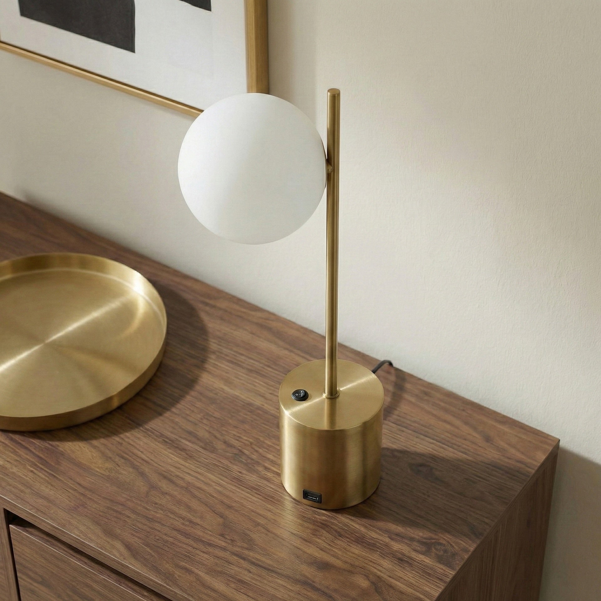 Ethereal Modern Small Brass Metal Table Lamp with White Glass Globe Shade, Elegant Desk Lamp Fixture 22"H x 9.3"W x 5.8"D for Living Room, Desk Lamps for Office Reading