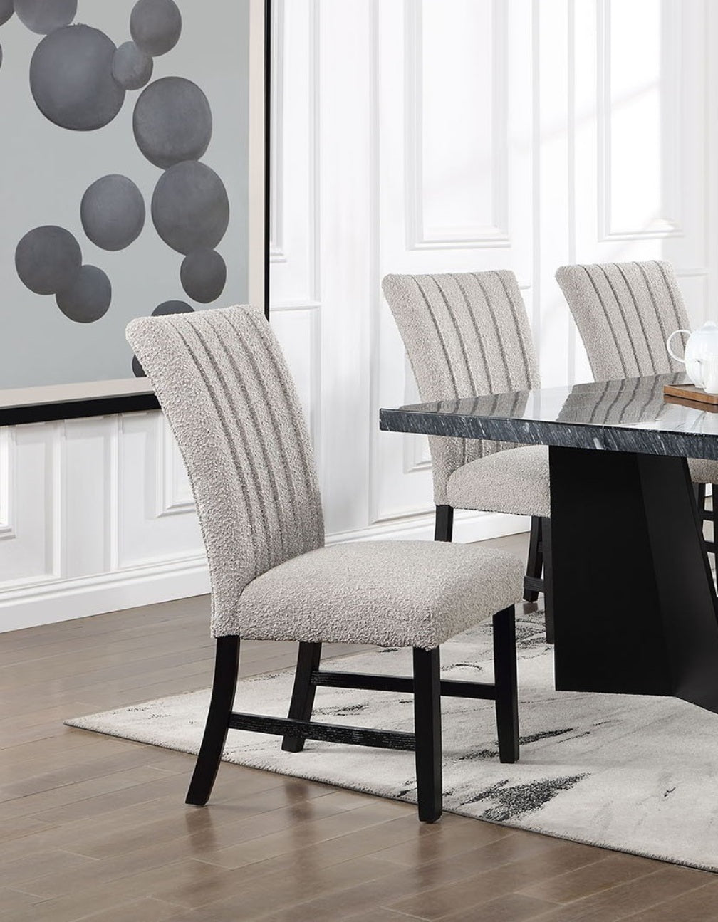 Beautiful Genuine Marble Top Dining Table 6x Side Chairs Gray Boucle Fabric Upholstered Chair Dining Room 7pc Set Wooden Furniture