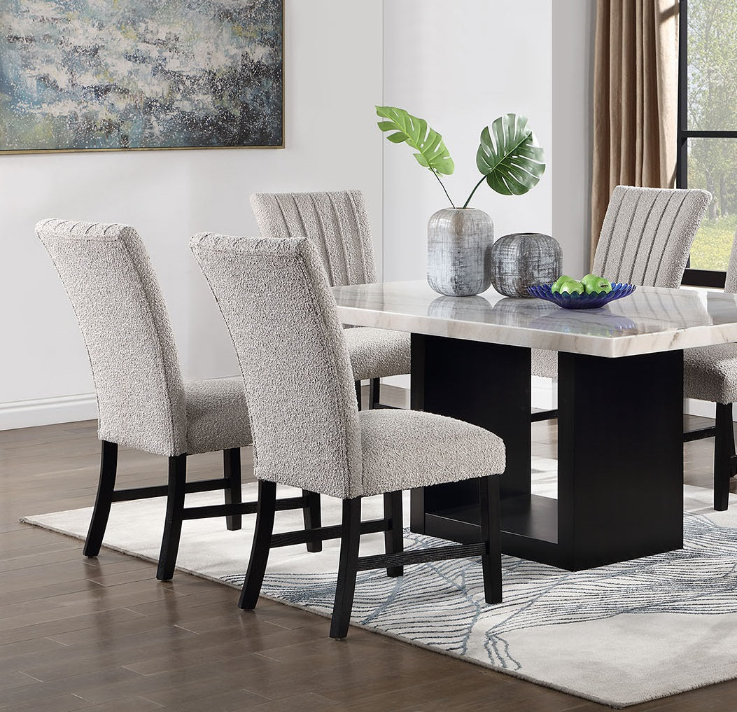 Beautiful Genuine Marble Top Dining Table 6x Side Chairs Gray Boucle Fabric Upholstered Chair Dining Room 7pc Set Wooden Furniture