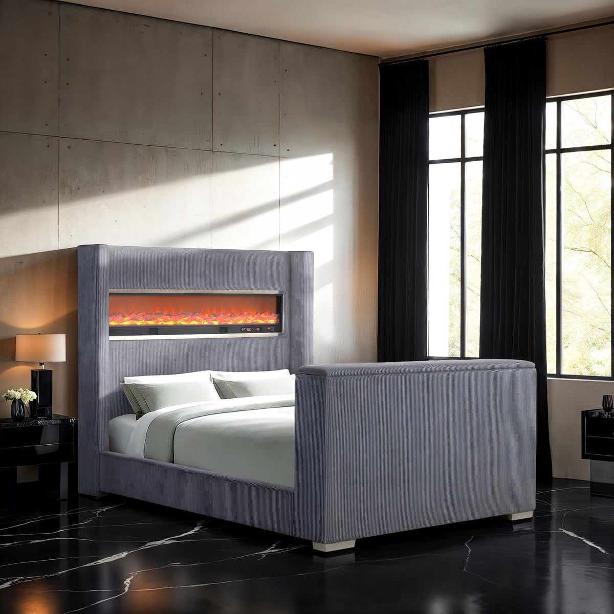 Gray Color 1pc Queen Size Bed Wing back Design Headboard Bedroom Furniture TV Lift Footboard Contemporary Style