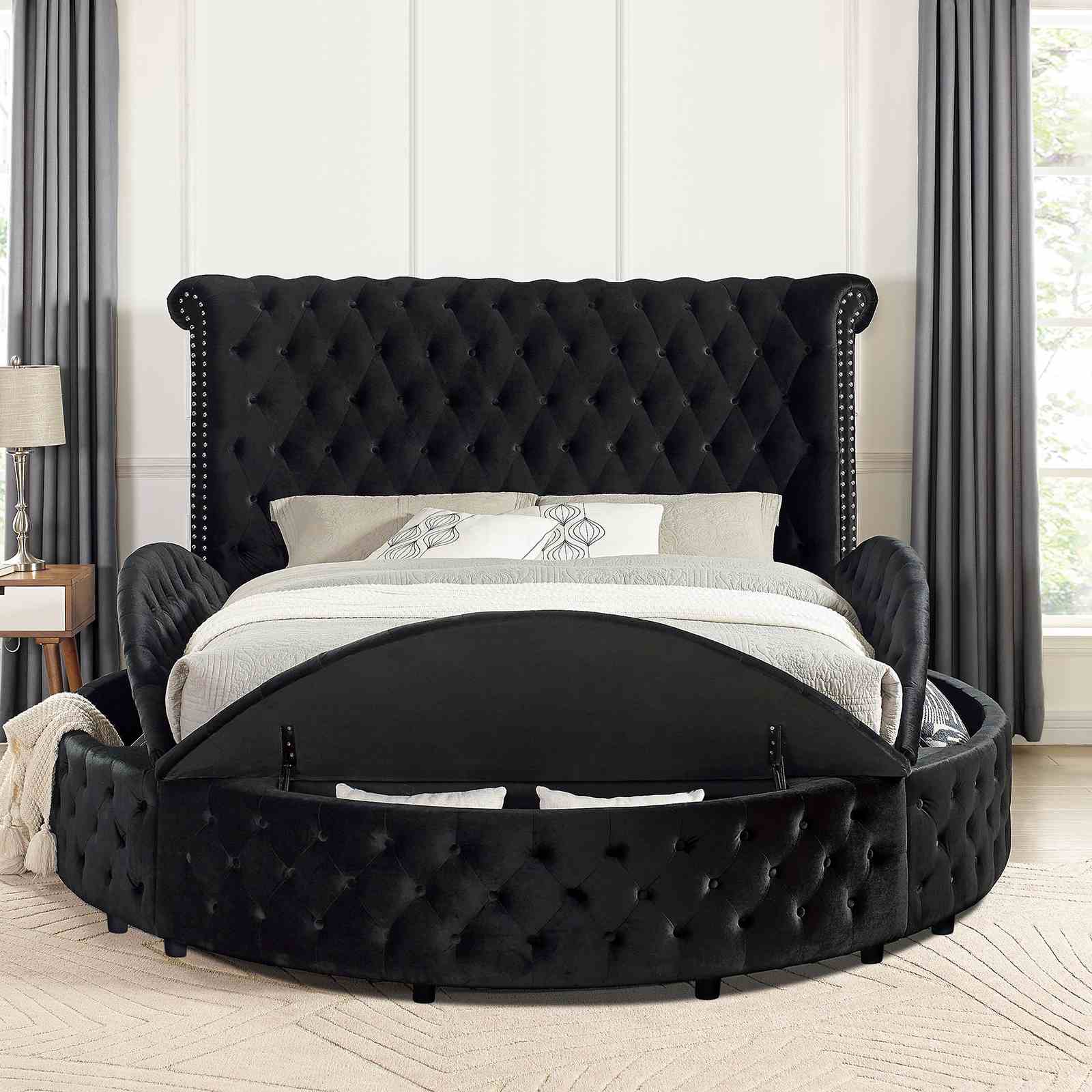 Glam 1pc King Size Bed Round Storage Black Velvet Like Acrylic Button-Tufted Wingback Design Bedroom Furniture