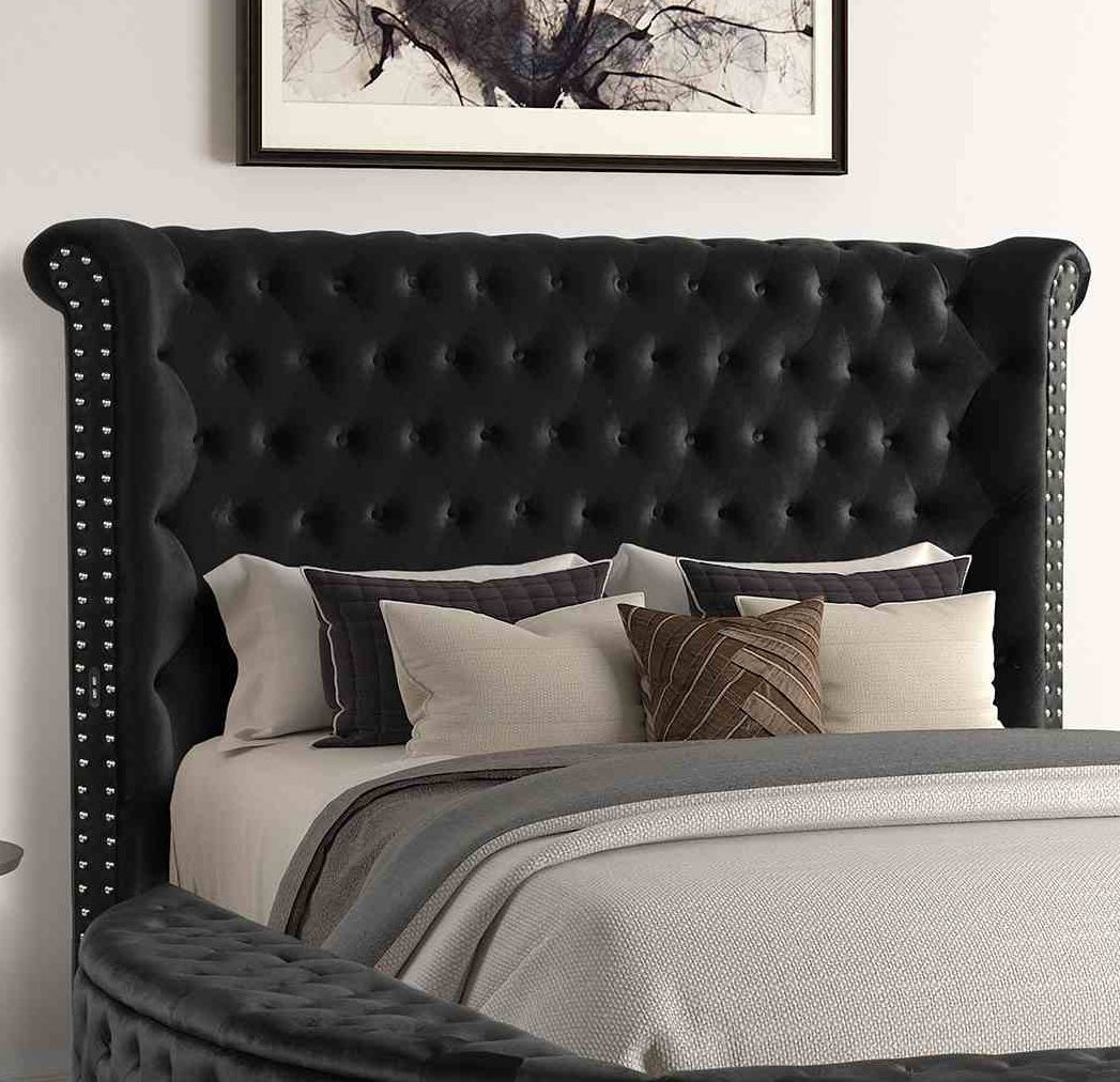Glam 1pc King Size Bed Round Storage Black Velvet Like Acrylic Button-Tufted Wingback Design Bedroom Furniture