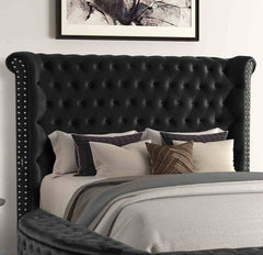 Glam 1pc King Size Bed Round Storage Black Velvet Like Acrylic Button-Tufted Wingback Design Bedroom Furniture