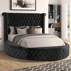 Glam 1pc King Size Bed Round Storage Black Velvet Like Acrylic Button-Tufted Wingback Design Bedroom Furniture