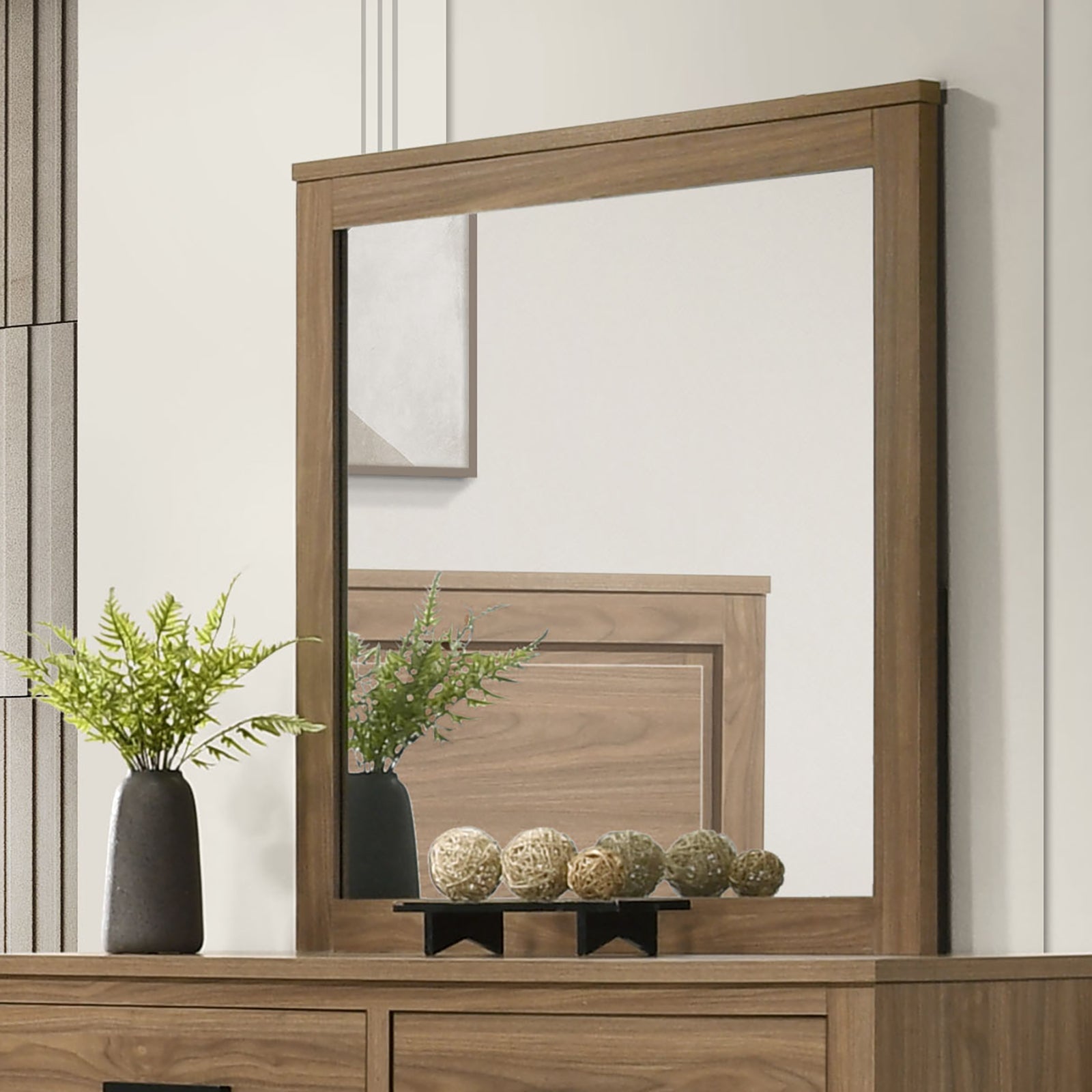Dresser W Mirror Walnut Color Six Drawers Black Bar Pulls Transitional Style Bedroom Wooden