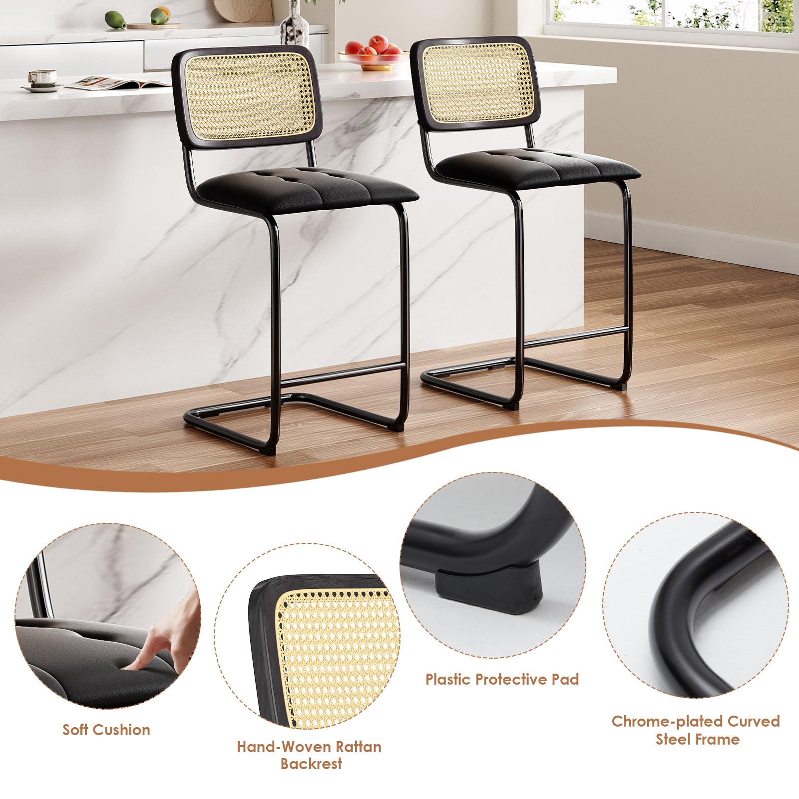 Counter Height Bar Stools Set of 2, Upholstered PU Leather Barstools with Rattan Back, 26 inch Stools Armless Bar Chairs for Kitchen Island, Black