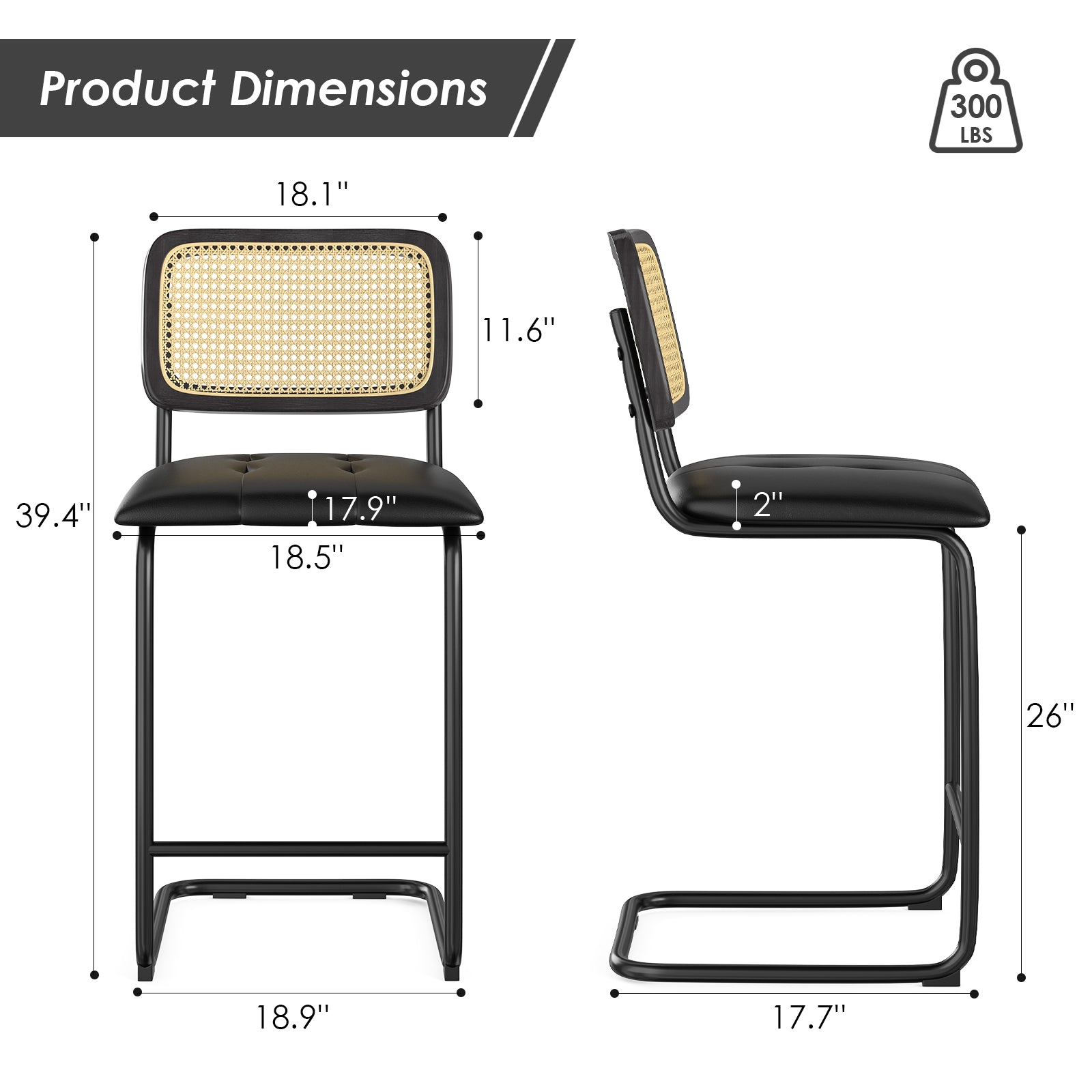 Counter Height Bar Stools Set of 2, Upholstered PU Leather Barstools with Rattan Back, 26 inch Stools Armless Bar Chairs for Kitchen Island, Black
