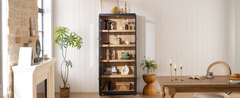 74.5''H Ash Wood Grain Display Cabinet, Bookcase with Glass Doors & Adjustable Shelves, Mid-Century Modern Bookshelf, Curio Cabinet for Hallways, Livingroom Kitchen & Office - Black