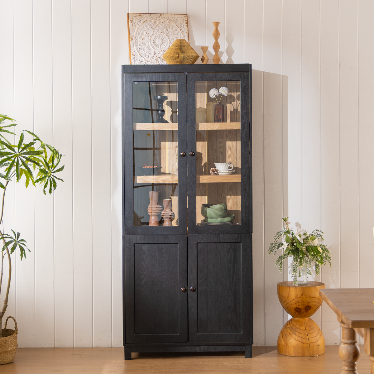 74.5''H Ash Wood Grain Display Cabinet, Bookcase with Glass Doors & Adjustable Shelves, Mid-Century Modern Bookshelf, Curio Cabinet for Hallways, Livingroom Kitchen & Office - Black