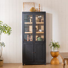 74.5''H Ash Wood Grain Display Cabinet, Bookcase with Glass Doors & Adjustable Shelves, Mid-Century Modern Bookshelf, Curio Cabinet for Hallways, Livingroom Kitchen & Office - Black