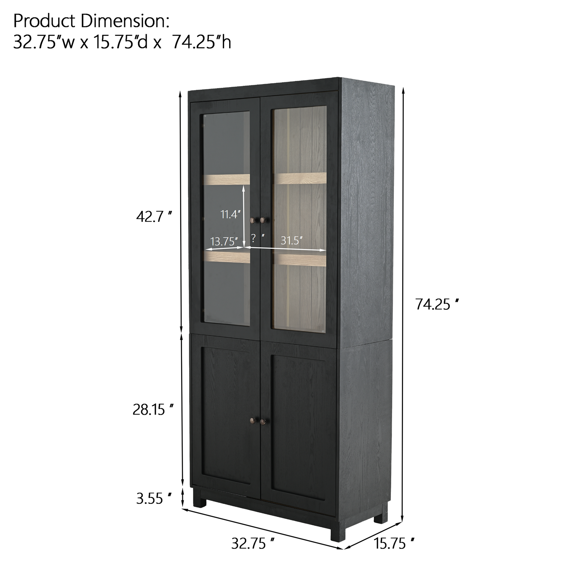 74.5''H Ash Wood Grain Display Cabinet, Bookcase with Glass Doors & Adjustable Shelves, Mid-Century Modern Bookshelf, Curio Cabinet for Hallways, Livingroom Kitchen & Office - Black