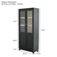 74.5''H Ash Wood Grain Display Cabinet, Bookcase with Glass Doors & Adjustable Shelves, Mid-Century Modern Bookshelf, Curio Cabinet for Hallways, Livingroom Kitchen & Office - Black