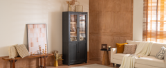 74.5''H Ash Wood Grain Display Cabinet, Bookcase with Glass Doors & Adjustable Shelves, Mid-Century Modern Bookshelf, Curio Cabinet for Hallways, Livingroom Kitchen & Office - Black