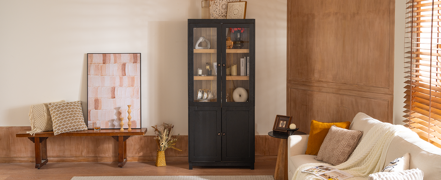 74.5''H Ash Wood Grain Display Cabinet, Bookcase with Glass Doors & Adjustable Shelves, Mid-Century Modern Bookshelf, Curio Cabinet for Hallways, Livingroom Kitchen & Office - Black