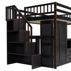 Full Size Loft Bed with Stairs, Bookshelf, Drawers, Desk & Wardrobe – Space-Saving Multifunctional Furniture for Kids & Teens-Espresso