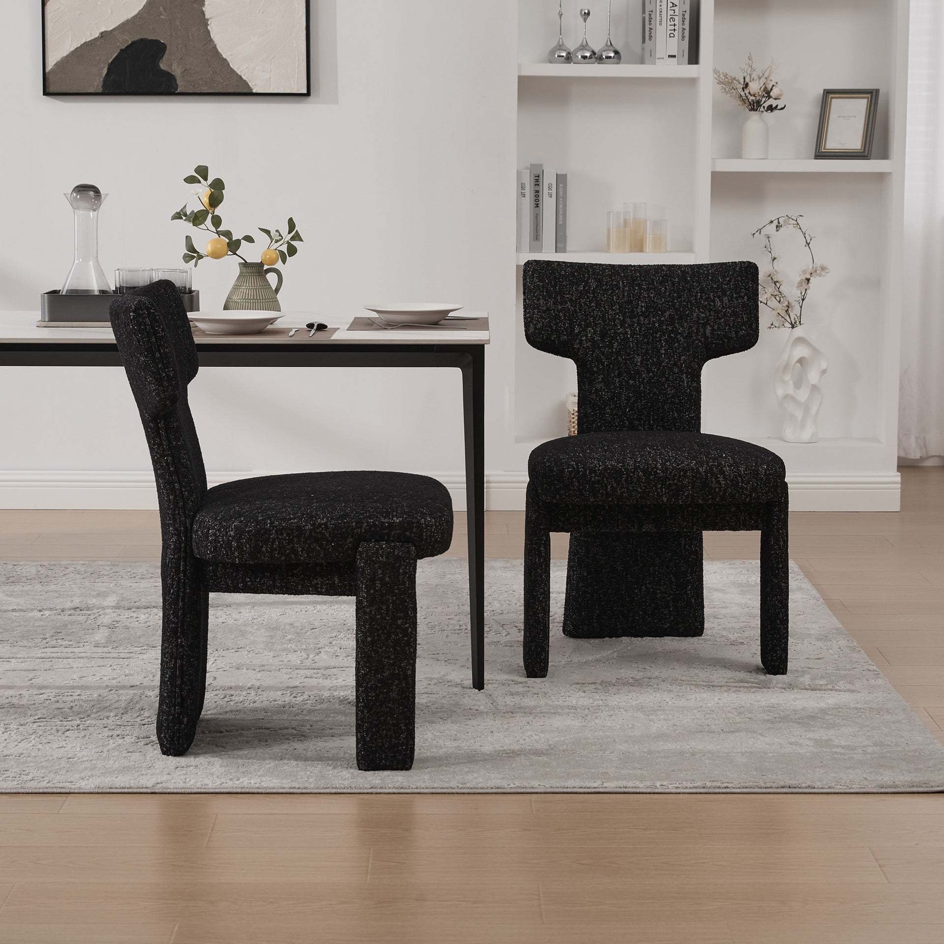 22.05" Wide Modern Upholstered Chenille Dining Chair Set of 2 with Rubberwood Legs, Armless Curved Back Accent Chairs for Living Room Bedroom Restaurant Cafes Dining Room Reception, Black/Gray