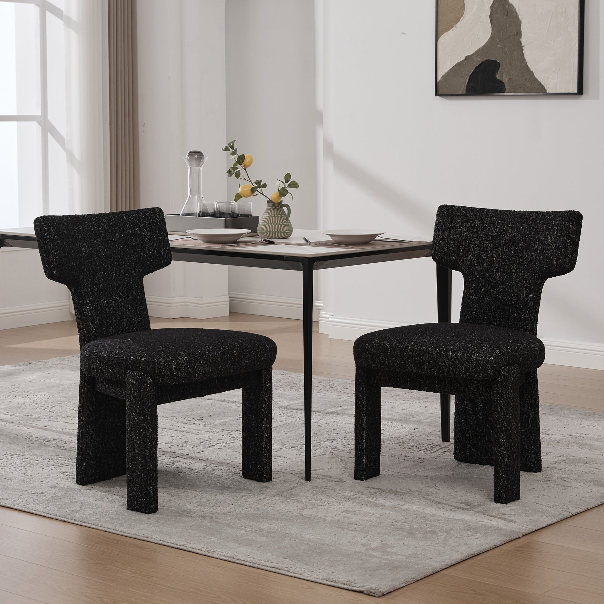 22.05" Wide Modern Upholstered Chenille Dining Chair Set of 2 with Rubberwood Legs, Armless Curved Back Accent Chairs for Living Room Bedroom Restaurant Cafes Dining Room Reception, Black/Gray