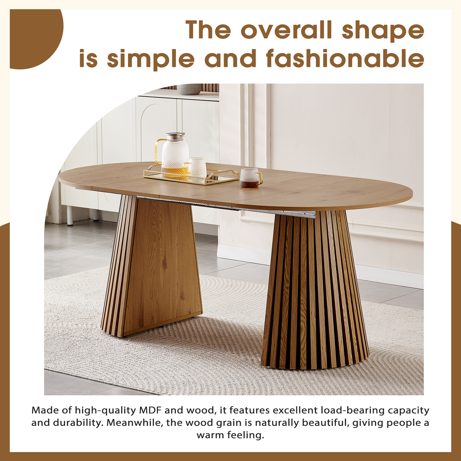 Wooden Dining Table, Flexible and Extendable, Multi-functional and Space-saving, Fashionable Oval Design and Slatted Table Legs, Tea Table or Office Desk, Beautiful and Practical