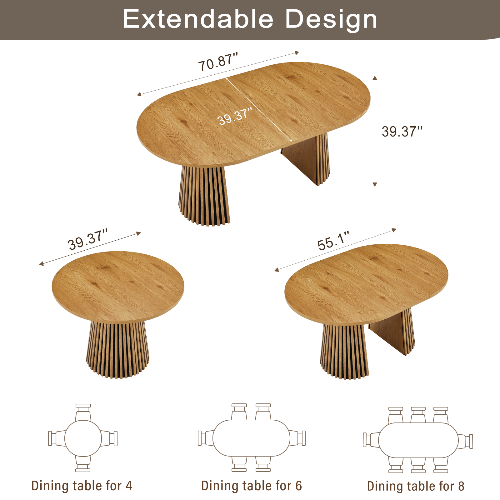 Wooden Dining Table, Flexible and Extendable, Multi-functional and Space-saving, Fashionable Oval Design and Slatted Table Legs, Tea Table or Office Desk, Beautiful and Practical