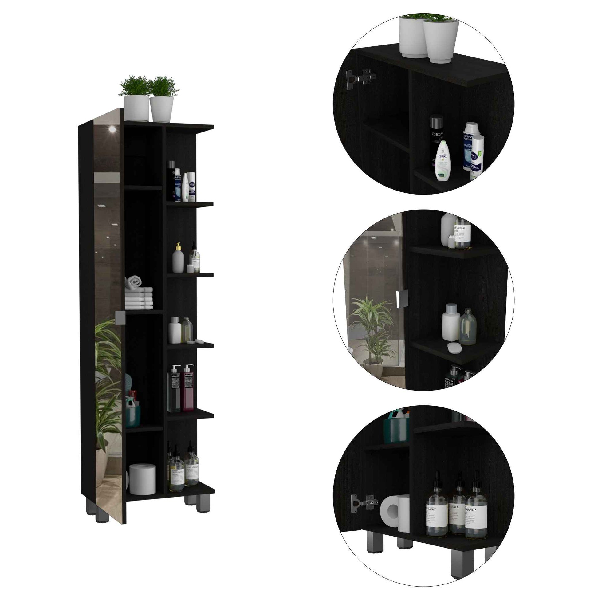 Wenge 5-Shelf Linen Cabinet with Mirror