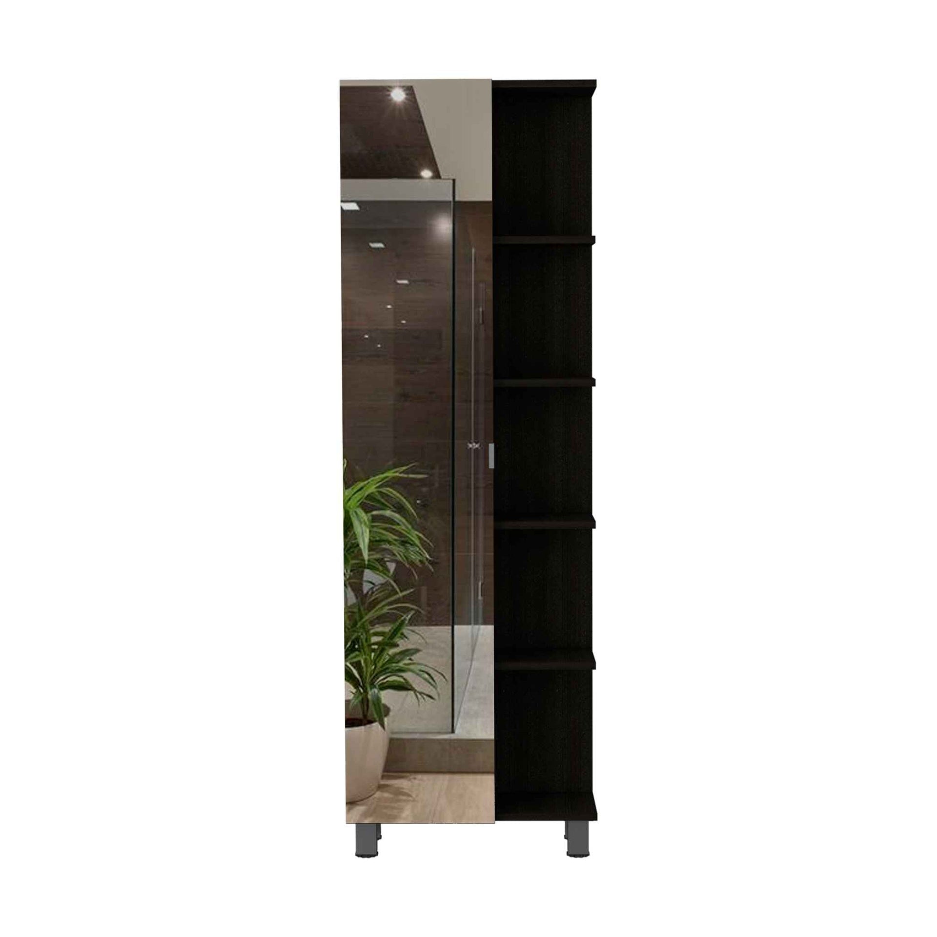 Wenge 5-Shelf Linen Cabinet with Mirror