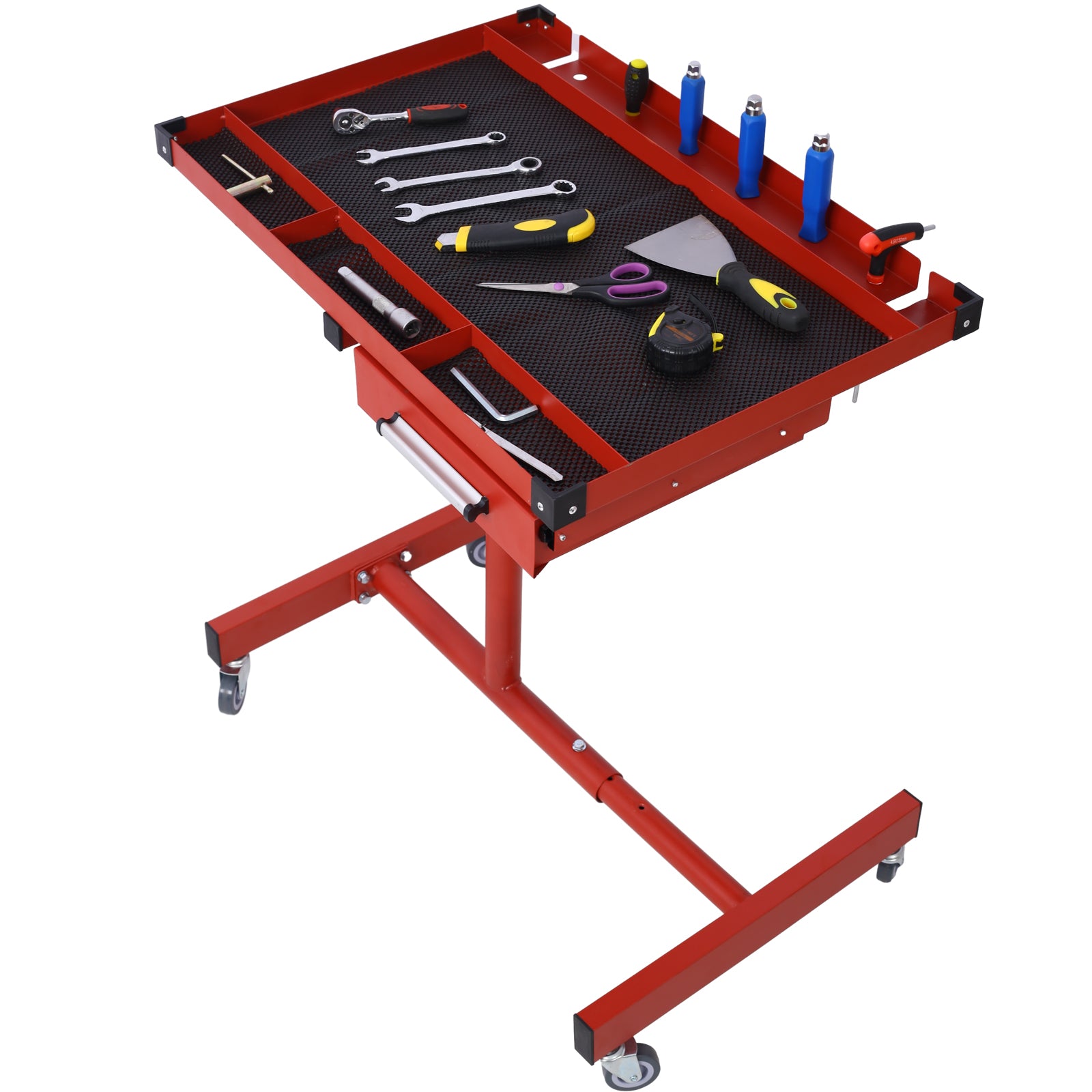 Adjustable Tear Down Work Table with Drawer for Garages, Repair Shops, and DIY, Portable, (4) 2.5" Swivel Casters, 220 Pound Capacity, Rubber Corners, Heavy Duty Steel,red