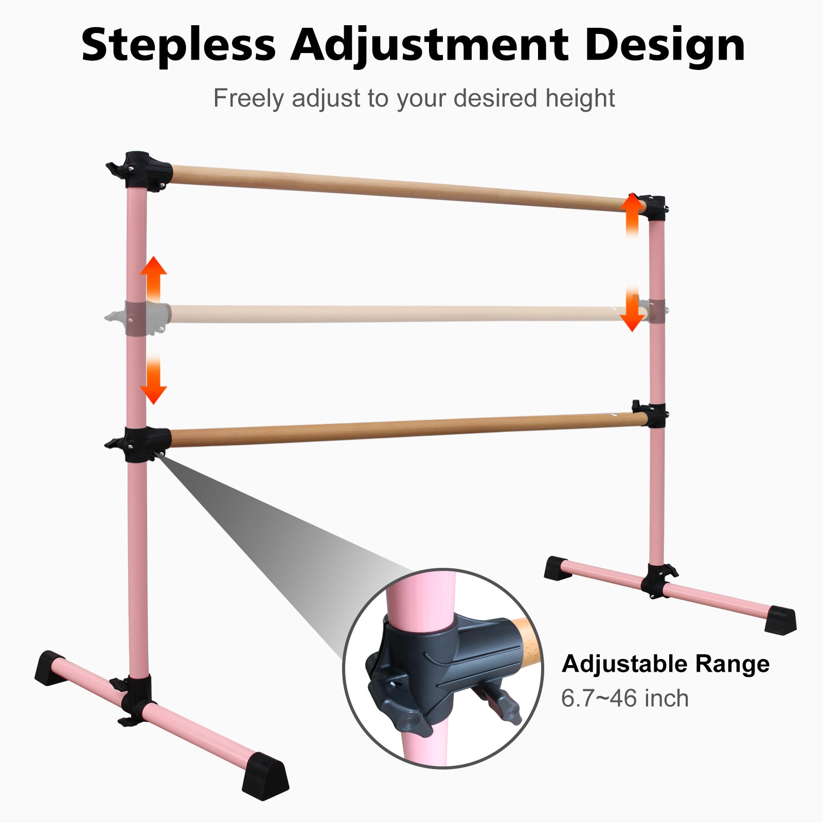 6FT Pink Solid Wood Ballet Barre With Adjustable Range Of 6.7-46 Inches For Dance Practice