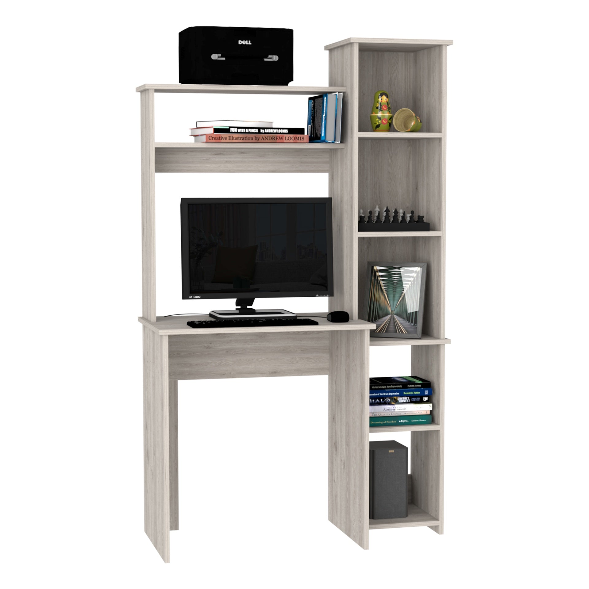 Aramis Desk, Five Shelves, Two Superior Shelves, Light Gray