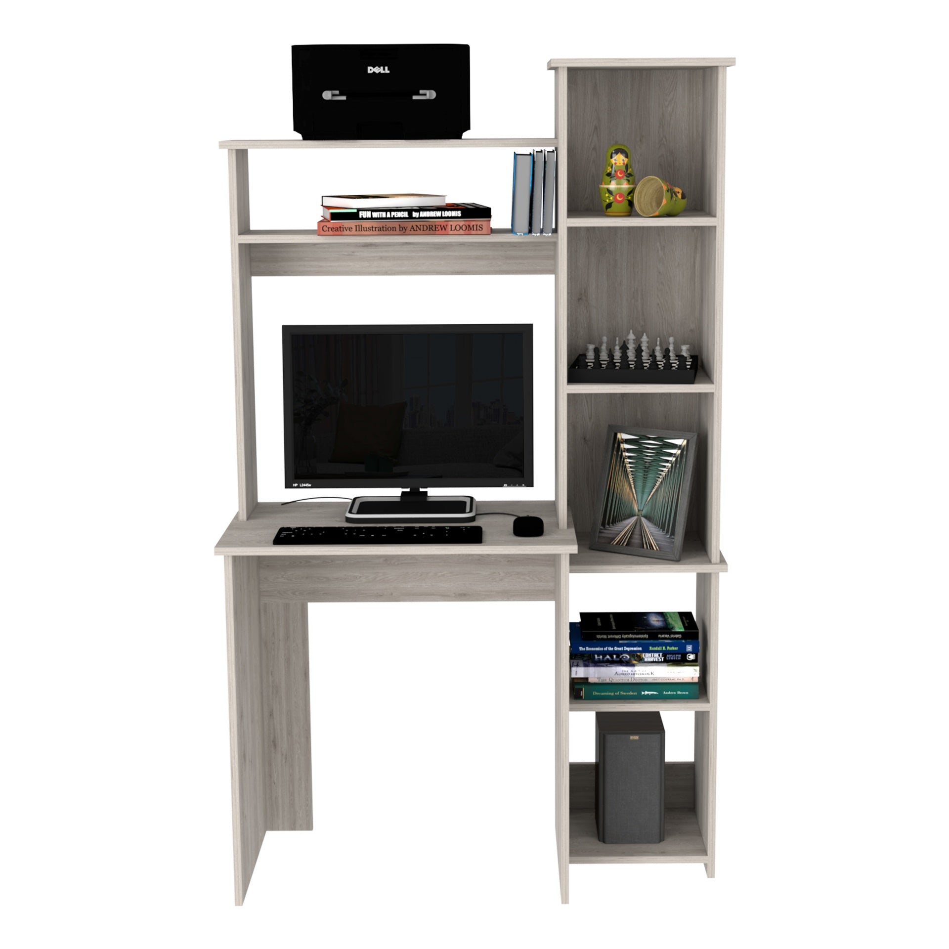 Aramis Desk, Five Shelves, Two Superior Shelves, Light Gray