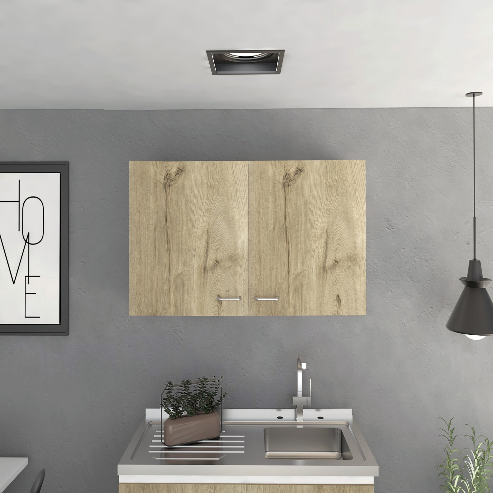 Wall cabinet 19"H, two Doors, two internal Shelves, White / Light Oak