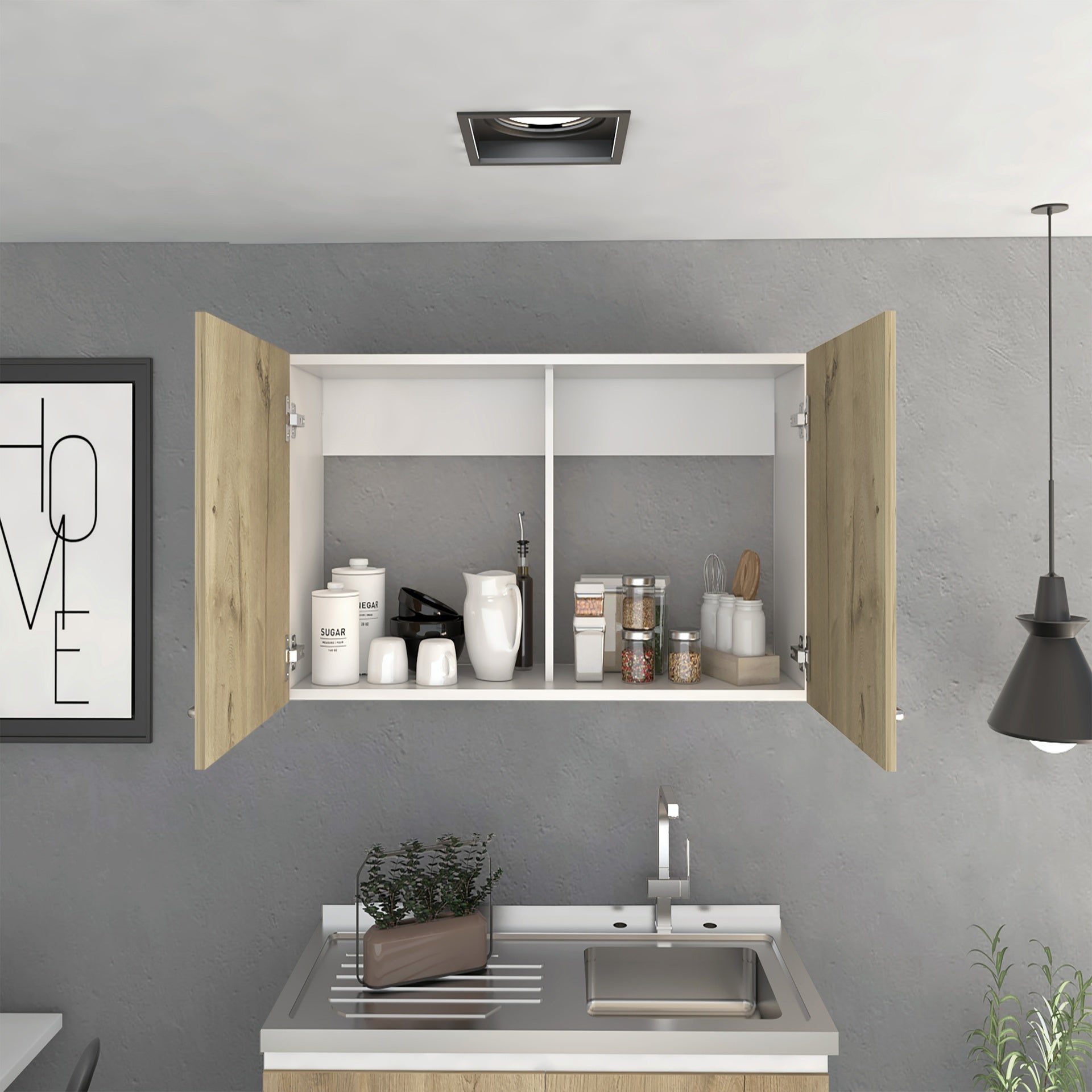 Wall cabinet 19"H, two Doors, two internal Shelves, White / Light Oak