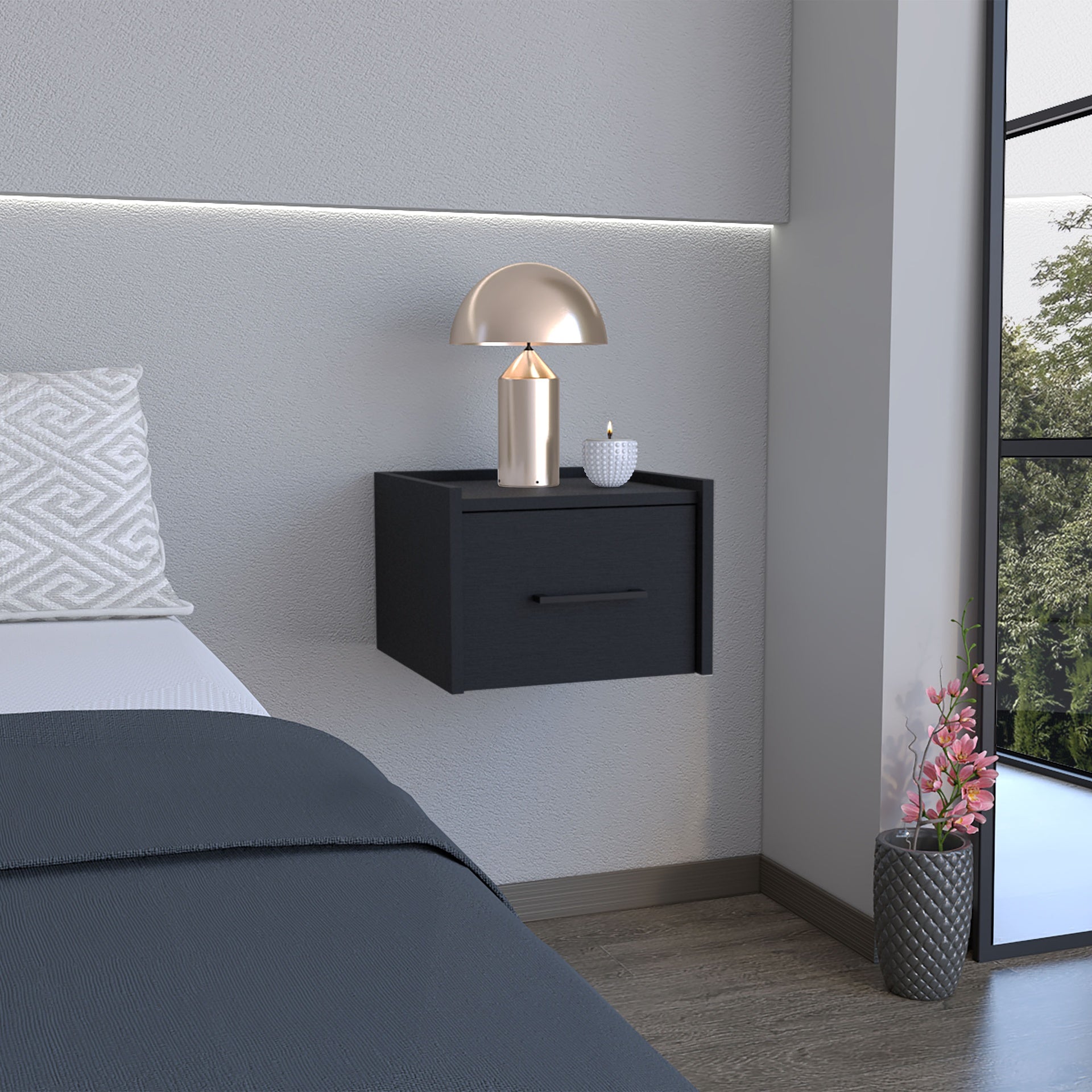Floating Nightstand, Space-Saving Design with Handy Drawer and Surface, Black