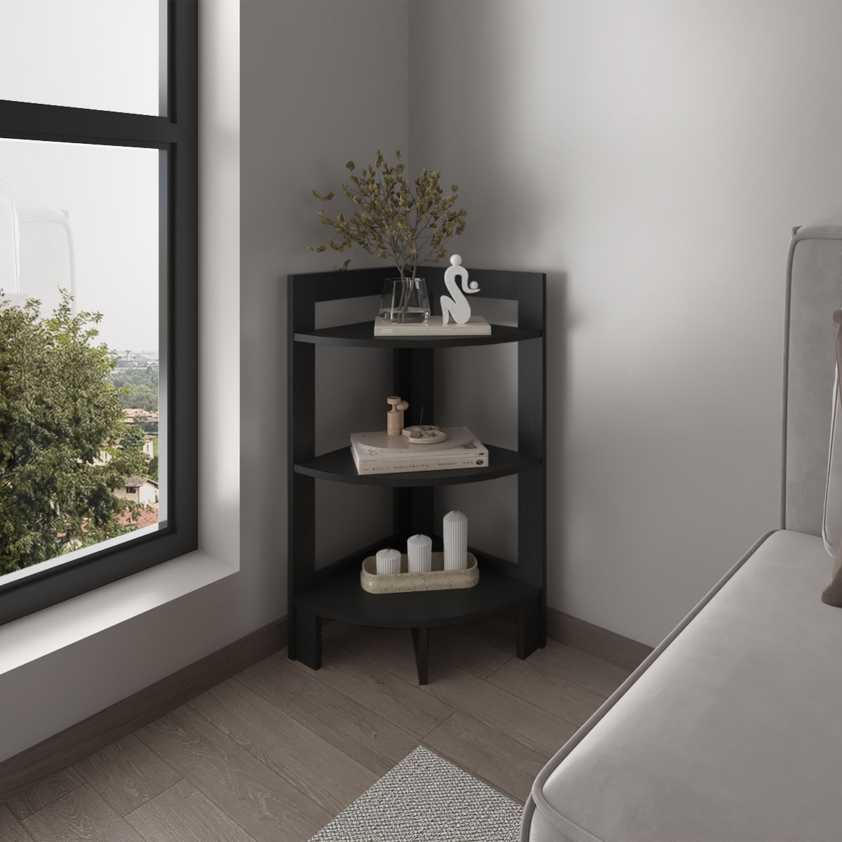 Side Table 31.70" H, with 3 Shelves, 3 Legs, Black