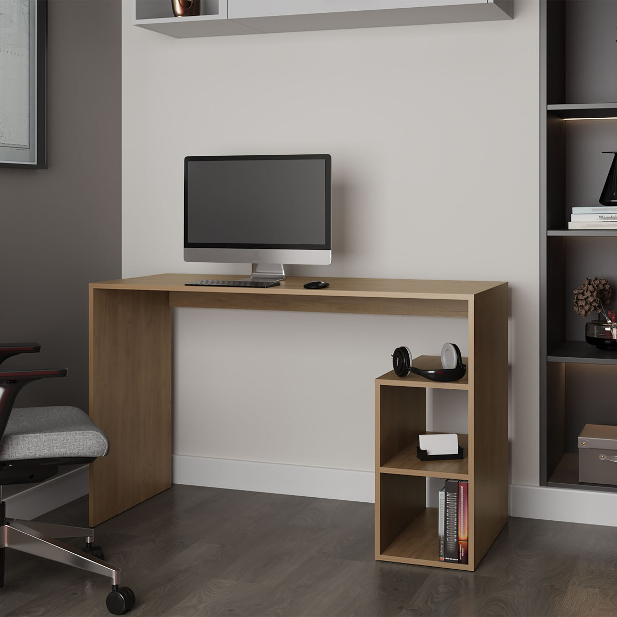 Sanders Computer Desk in Melamine with Open Storage, Natural Oak