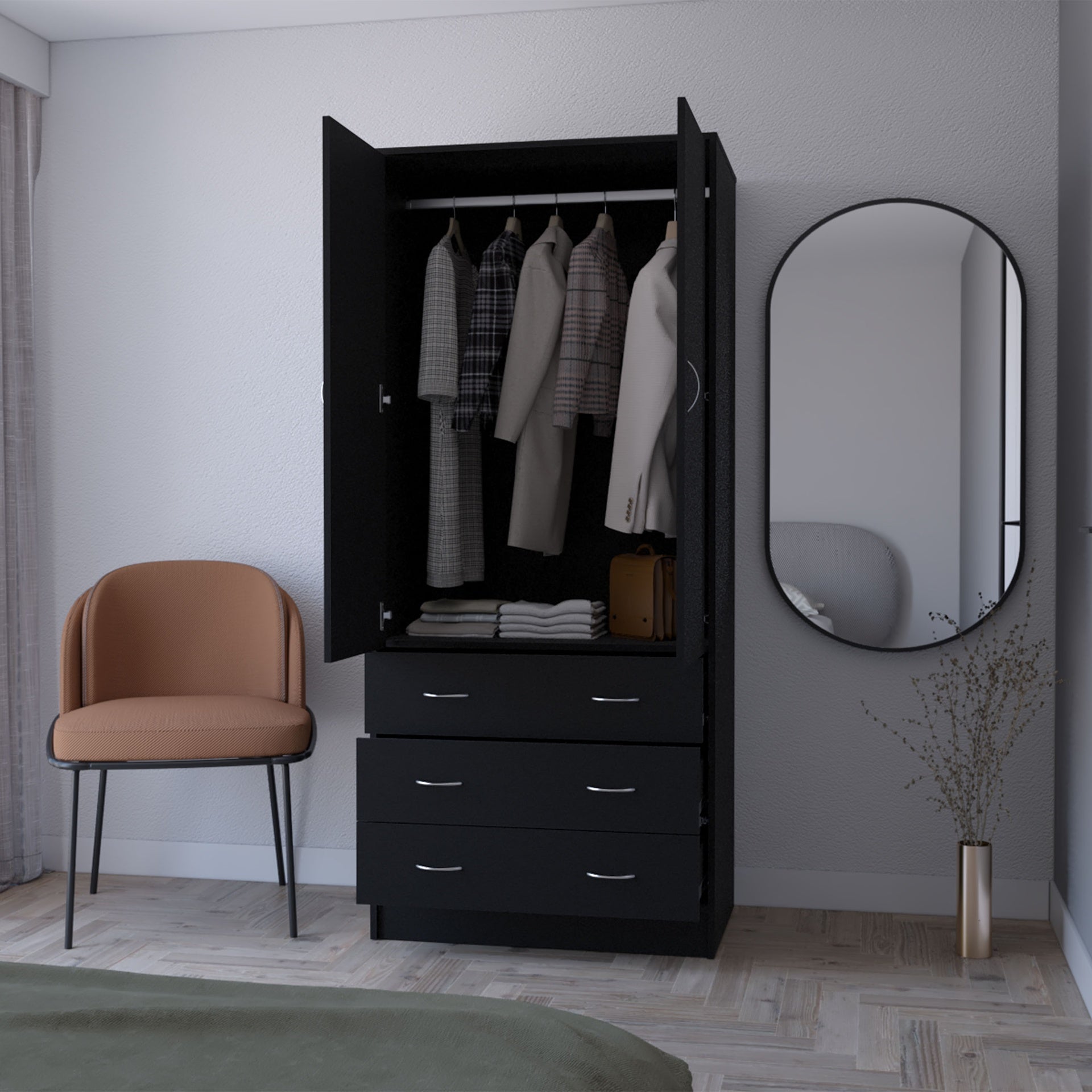 FM FURNITURE  Prescott Armoire, with 2 doors, 3 drawers and 1 hanging rod, Black