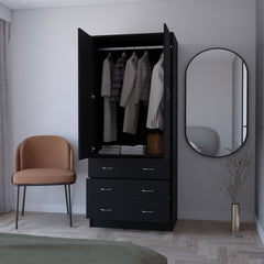 FM FURNITURE  Prescott Armoire, with 2 doors, 3 drawers and 1 hanging rod, Black