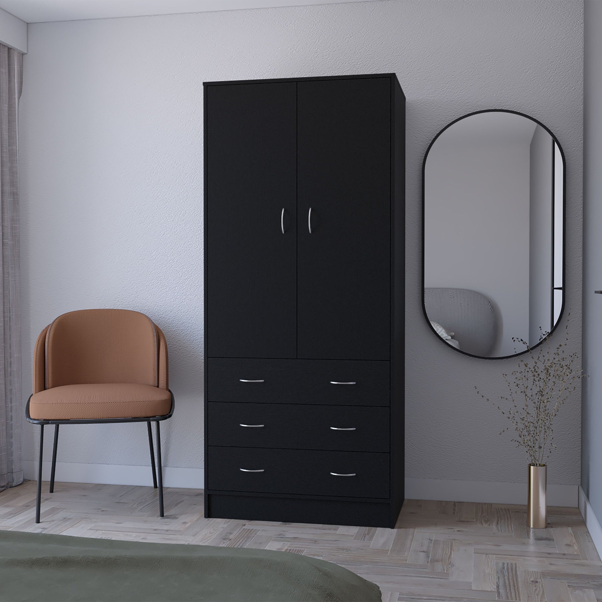 FM FURNITURE  Prescott Armoire, with 2 doors, 3 drawers and 1 hanging rod, Black