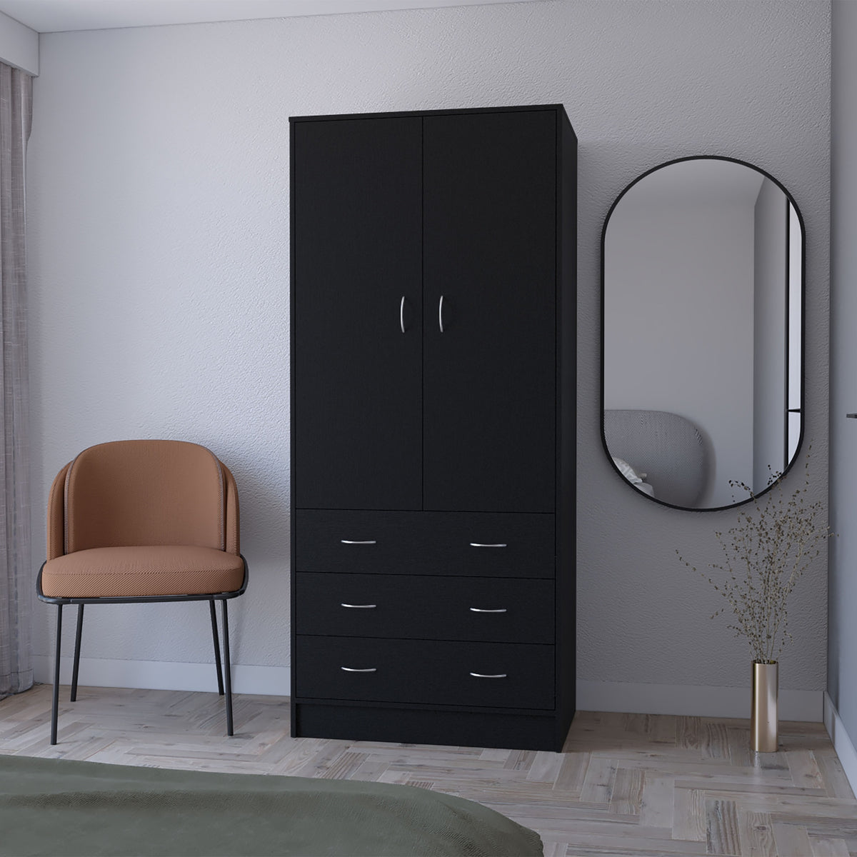 FM FURNITURE  Prescott Armoire, with 2 doors, 3 drawers and 1 hanging rod, Black