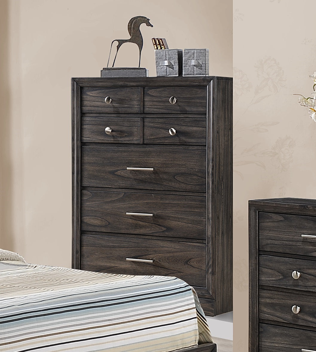 1pc Contemporary Dark Wood Grain Finish Metal Knobs Storage Drawers Tall Chest Wooden Gray