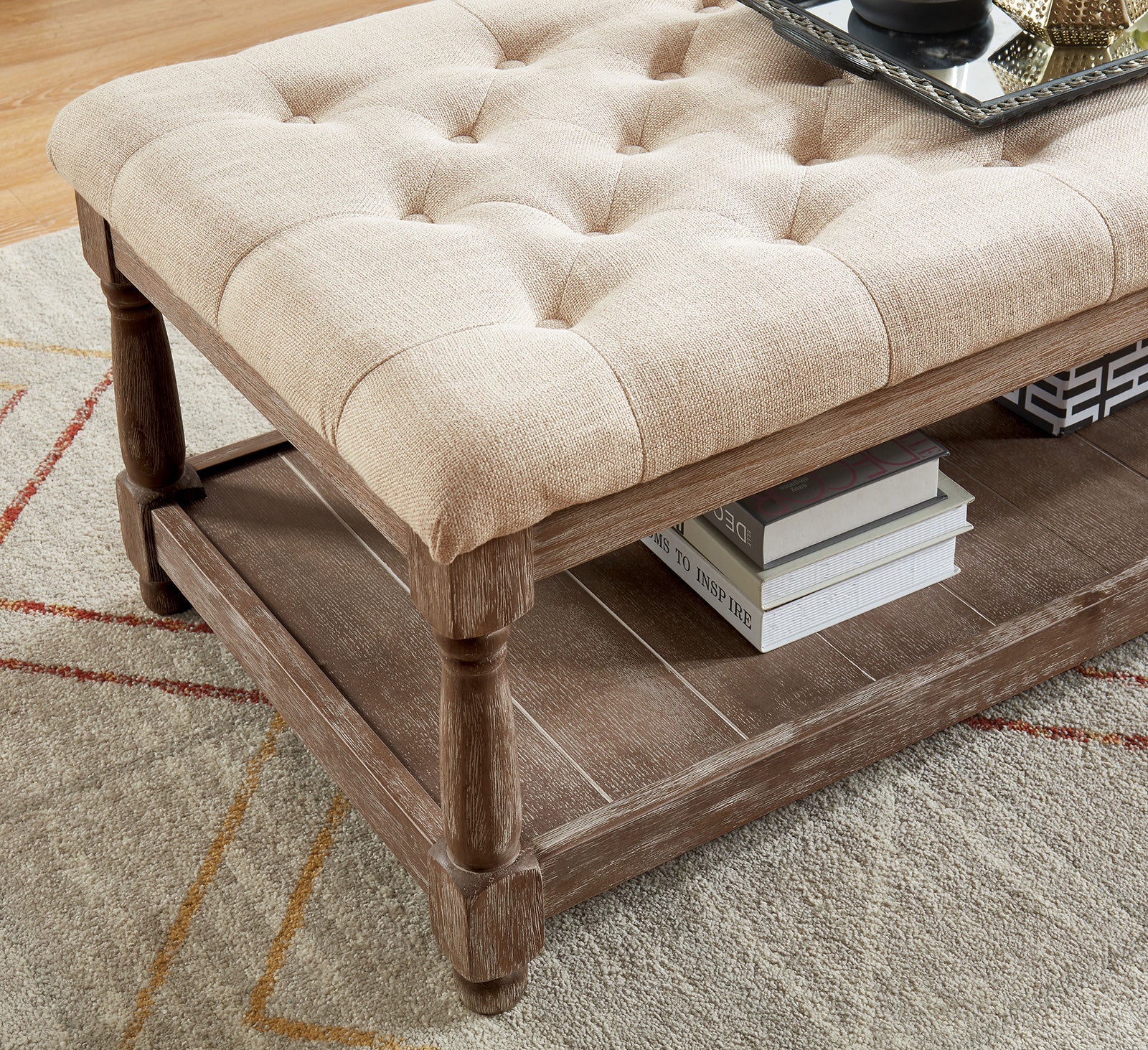 Rustic Style Bench With Bottom Open Storage And Button Tufted, Beige