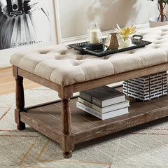 Rustic Style Bench With Bottom Open Storage And Button Tufted, Beige