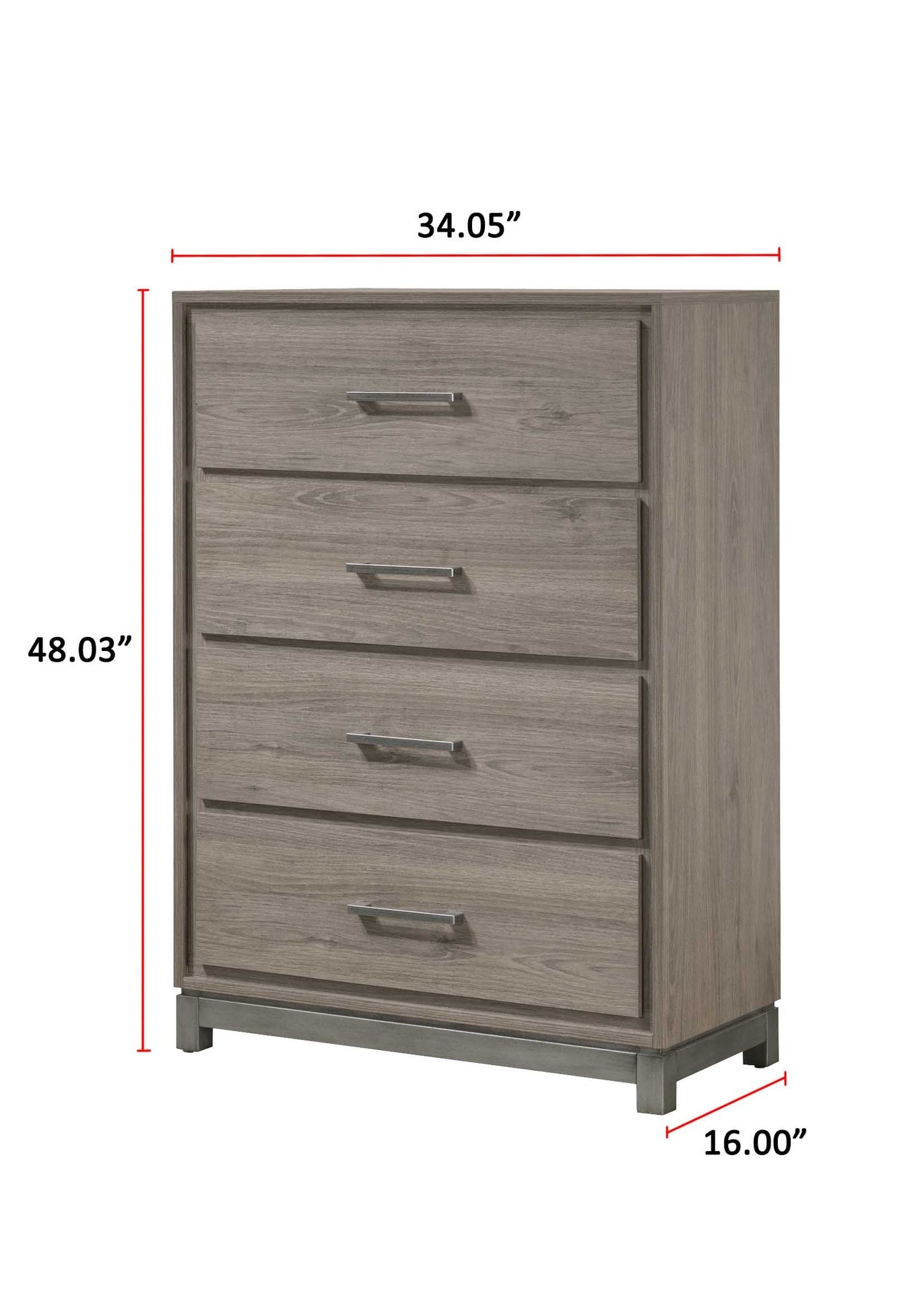 1pc Contemporary 4-Drawer Storage Chest Metal Handle Grey Oak Finish