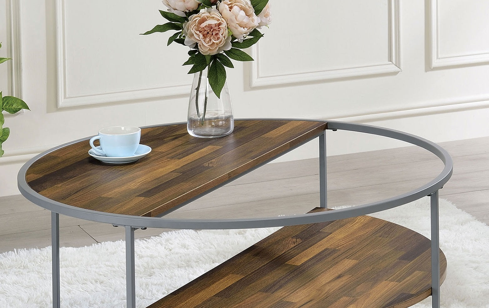 Industrial Style Unique Design Top And Middle Half Shelves Coffee Table Powder Coated Frame With Three Shelves Gray And Walnut Finish End Table-Not Included