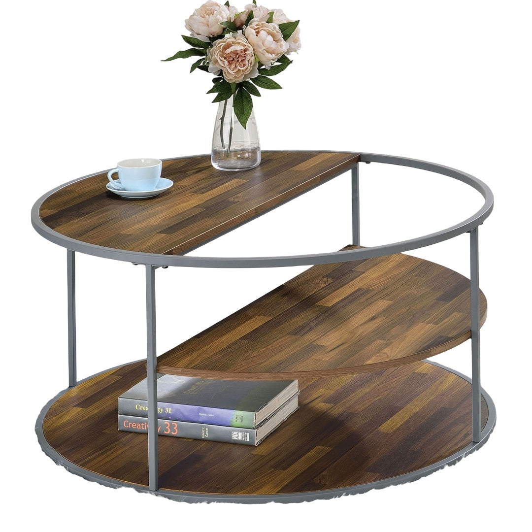 Industrial Style Unique Design Top And Middle Half Shelves Coffee Table Powder Coated Frame With Three Shelves Gray And Walnut Finish End Table-Not Included