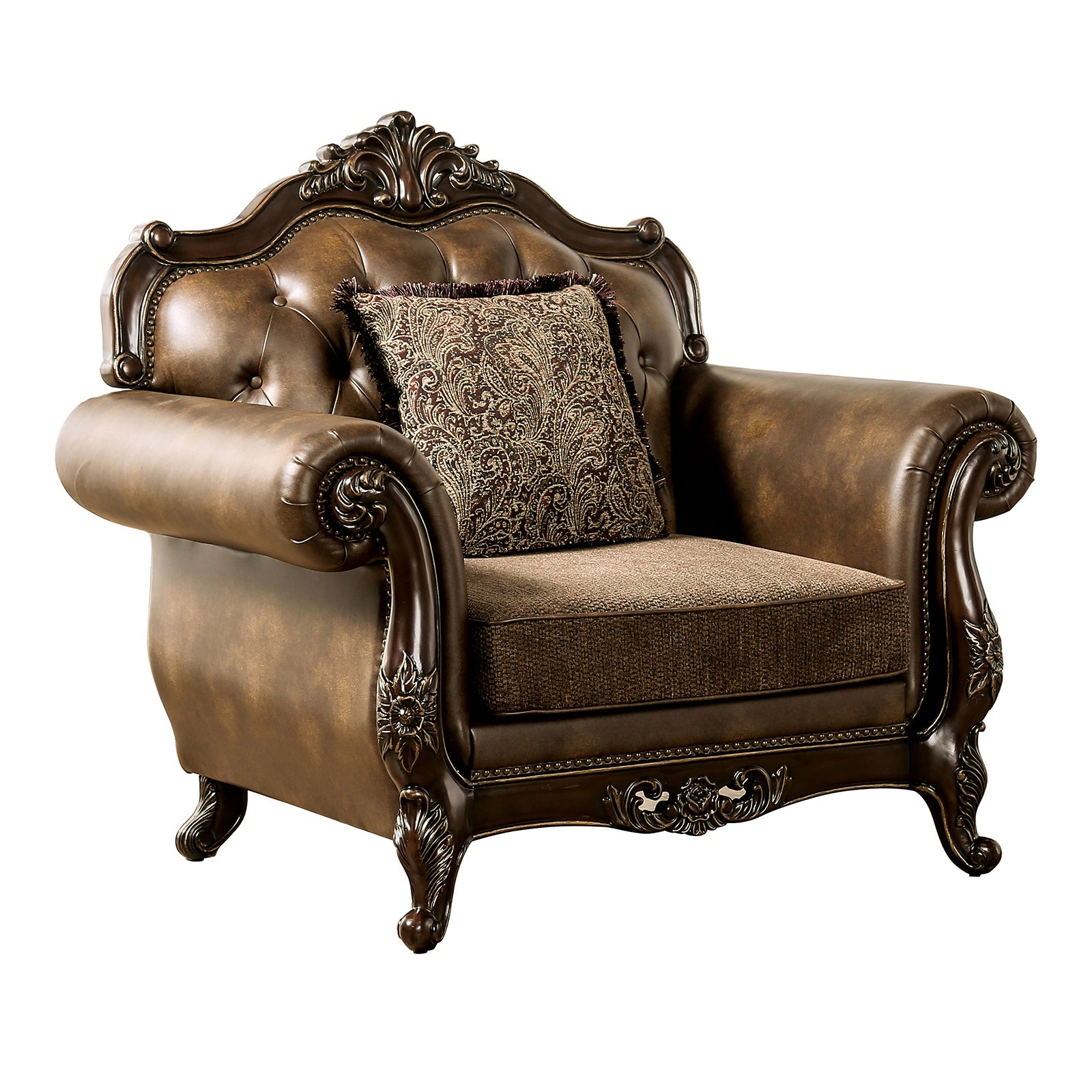 Traditional Style Chair Rolled Arms Curved Detail Nailhead Trim Accent Pillow Dark Cherry And Brown Finish